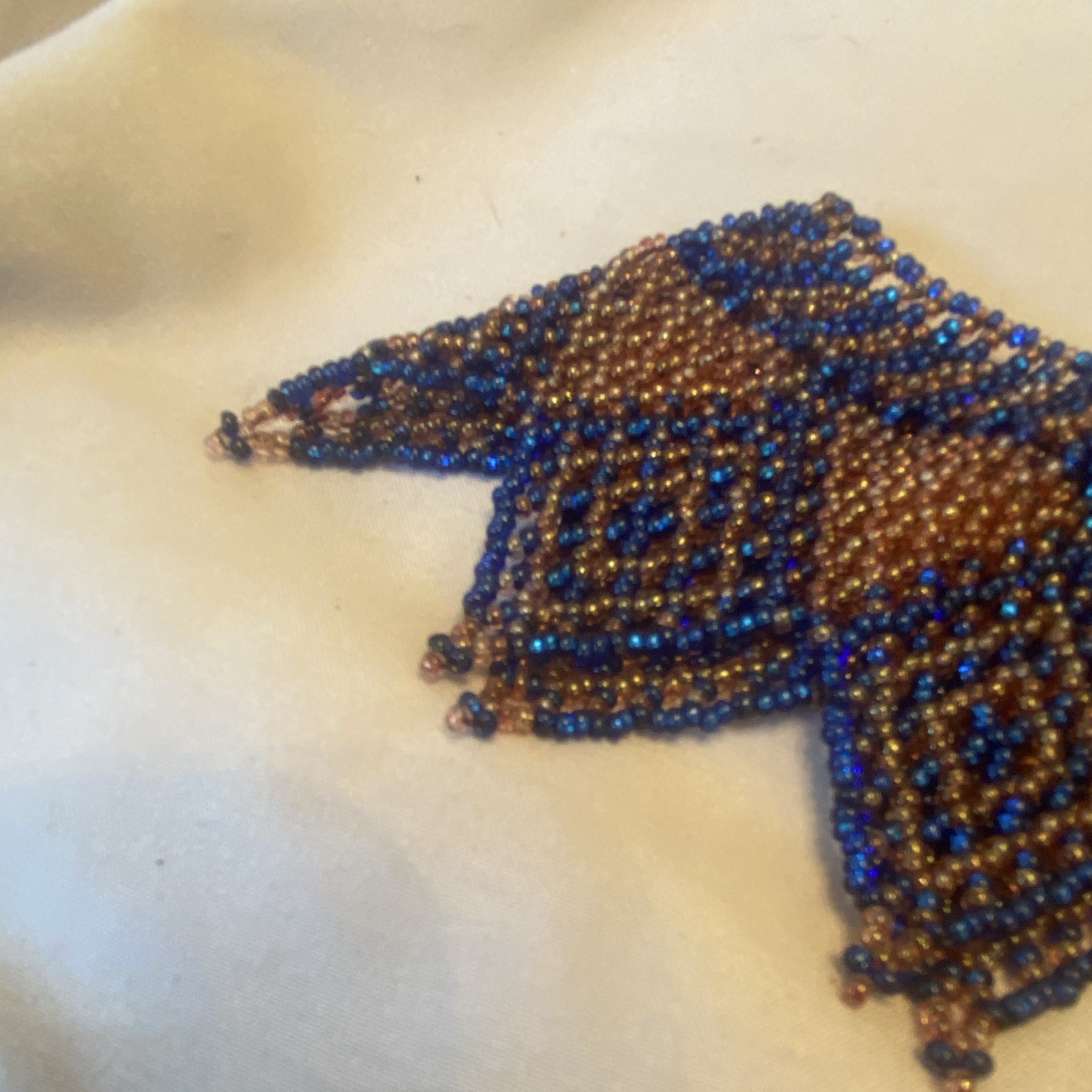 Vintage Blue & Brown Glass Beaded Geometric Bib Choker Necklace Adjustable 10in