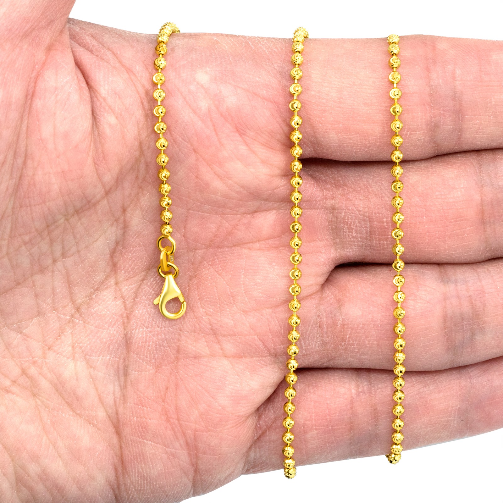 10K Yellow Gold Solid 2mm Moon Diamond Cut Ball Bead Chain Link Necklace 16″-30″