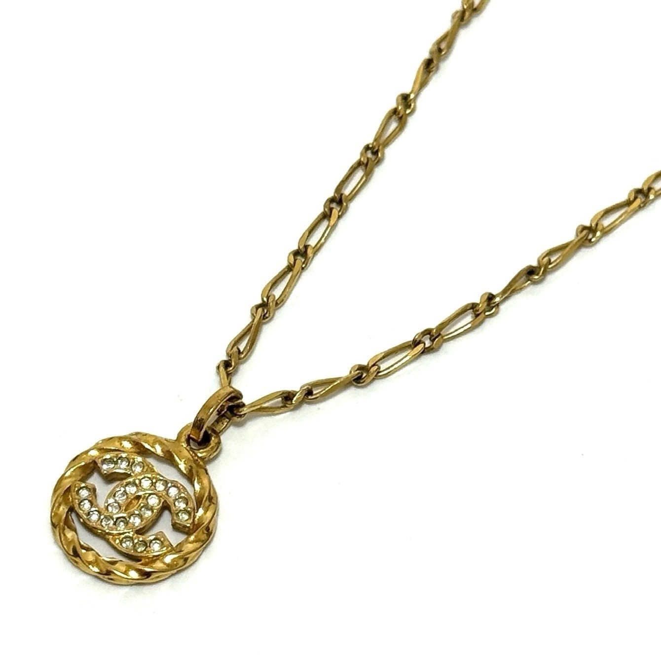 CHANEL 3433 COCO Mark CC Logo Necklace Rhinestone Gold Vintage Authentic JAPAN