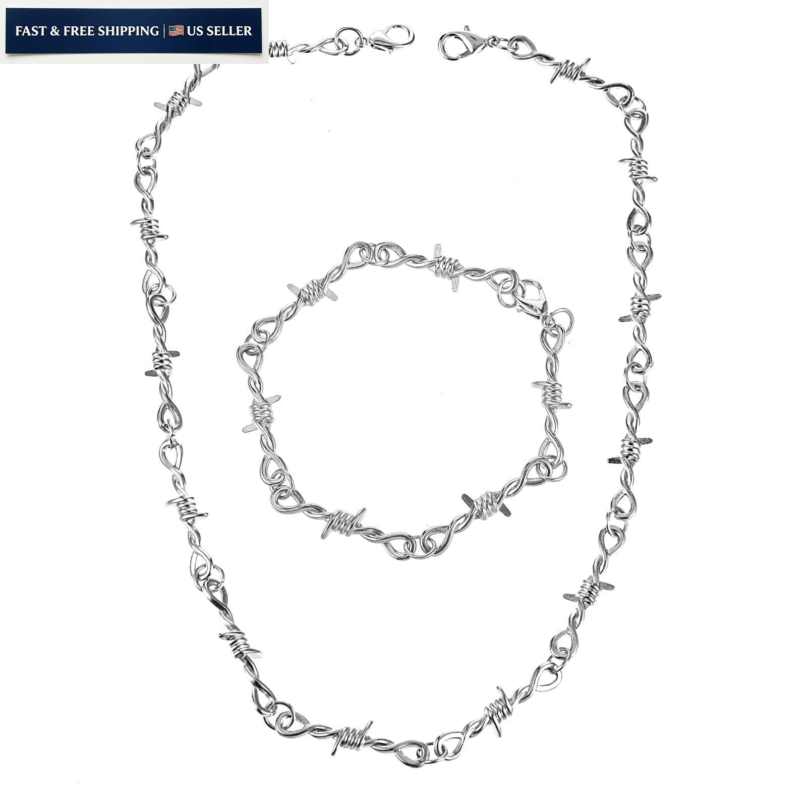 Yolev Barbed Wire Necklace and 10.5 cm (necklace) + 23 (bracelet), Silver