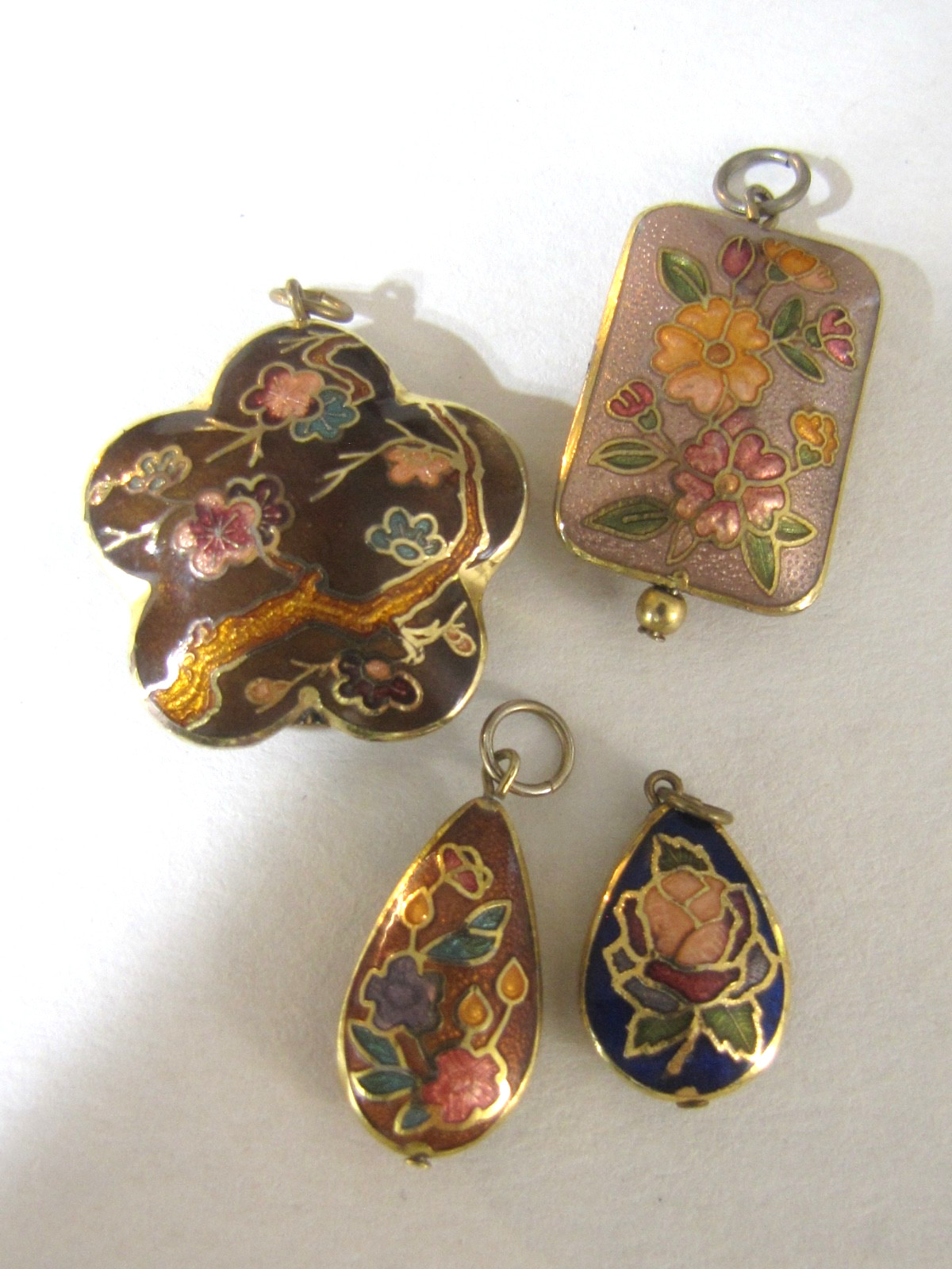 Vintage Cloisonne Pendant Lot 4 Floral Asian Charms Double Side Enamel Gold Tone