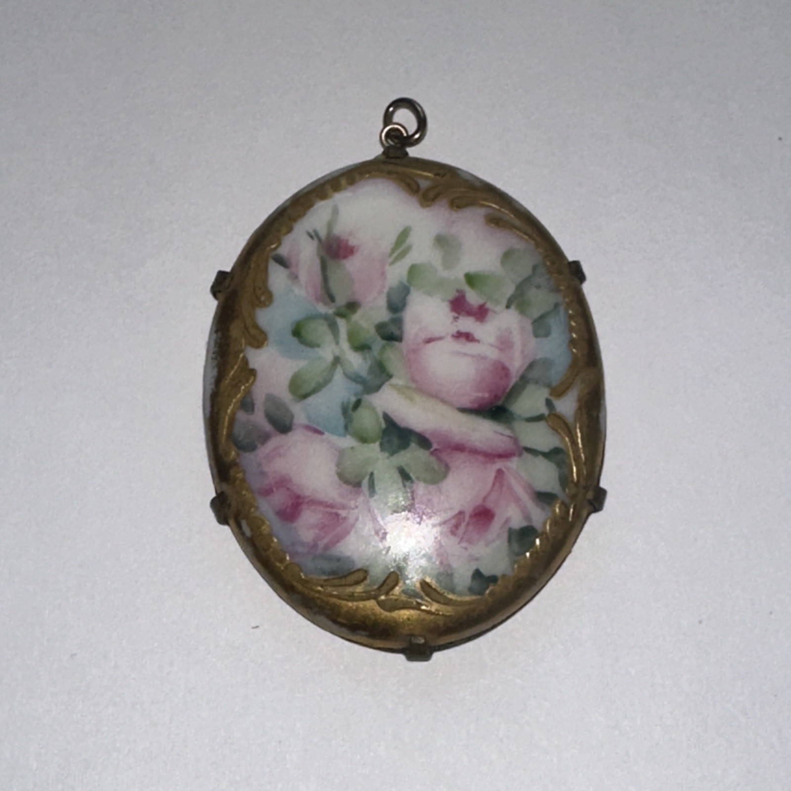 Antique Hand Painted Porcelain Pendant Pink Roses Gold Tone Setting Gold-Gilt
