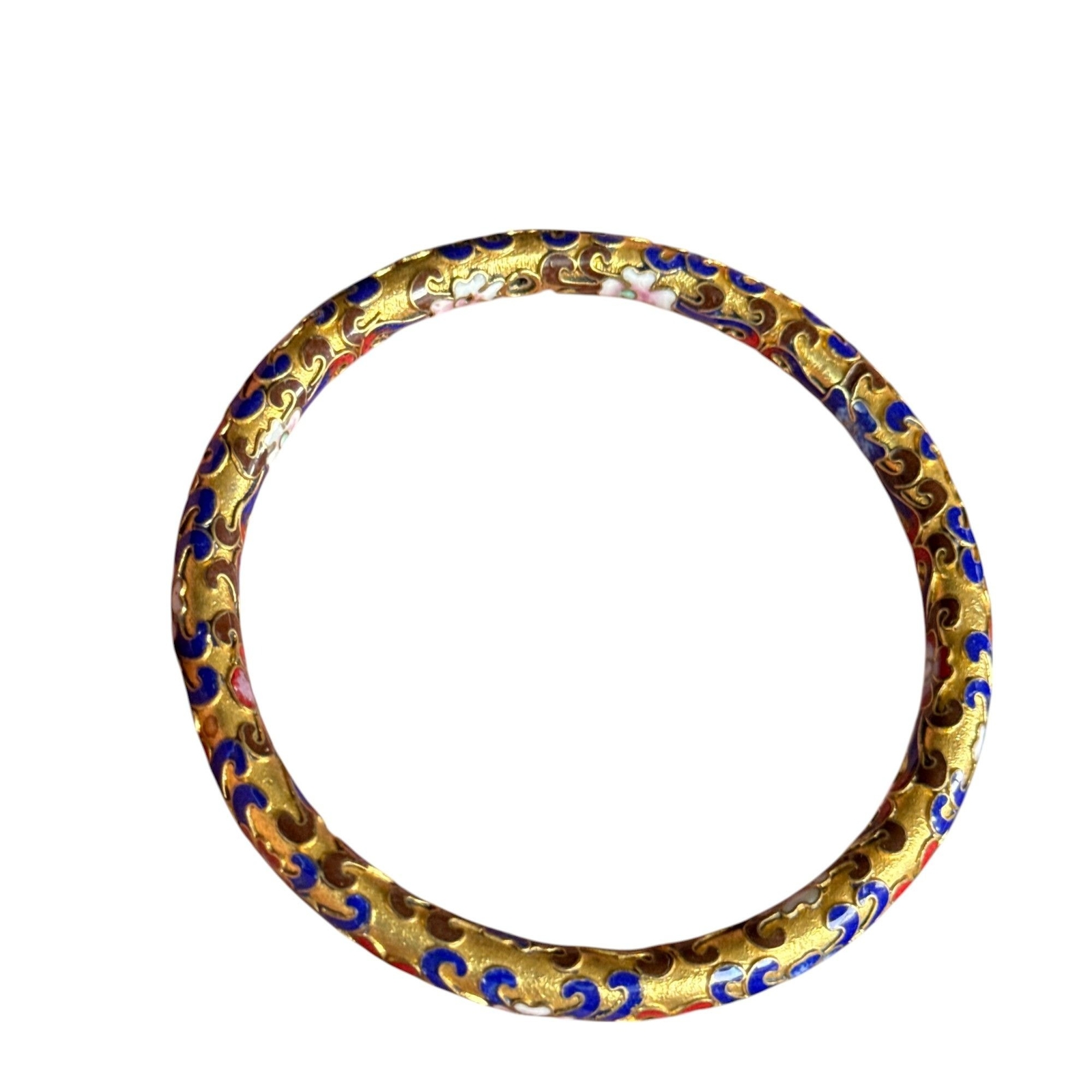 Vintage Cloisonné Enamel Bangle Bracelet Gold-Tone With Blue & Red Swirl Pattern