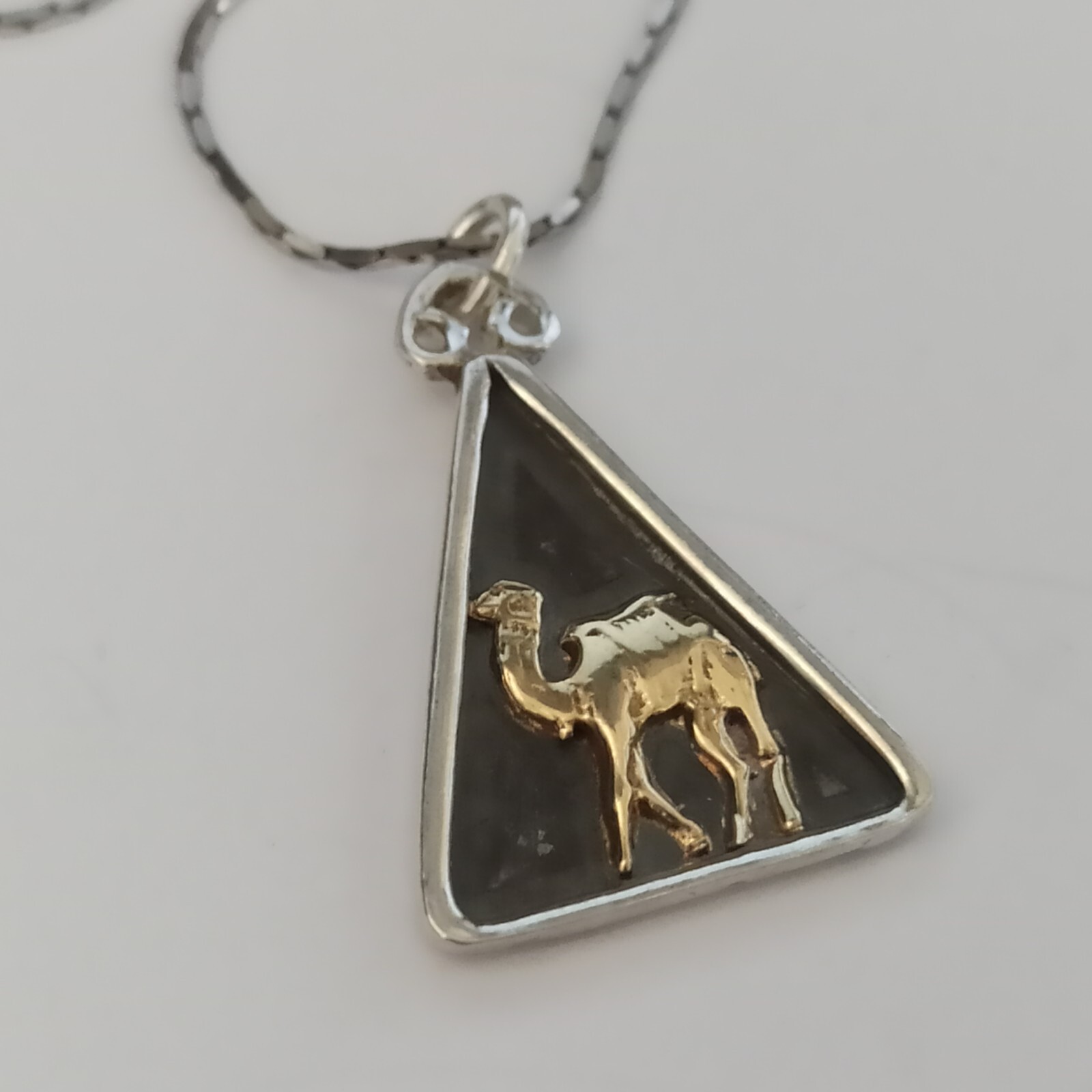 Sterling Silver Camel Necklace Rolled Gold Accents Patina Men Women Israel Gift