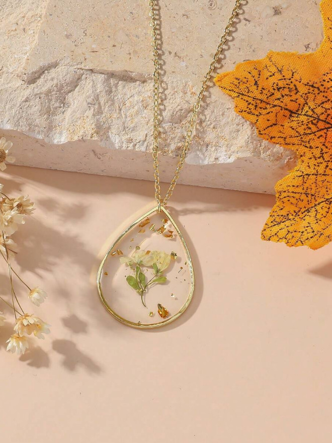 1 PCS Dried Pressed Daisy Real Flower Resin Pendant Necklace Handmade Chain USA