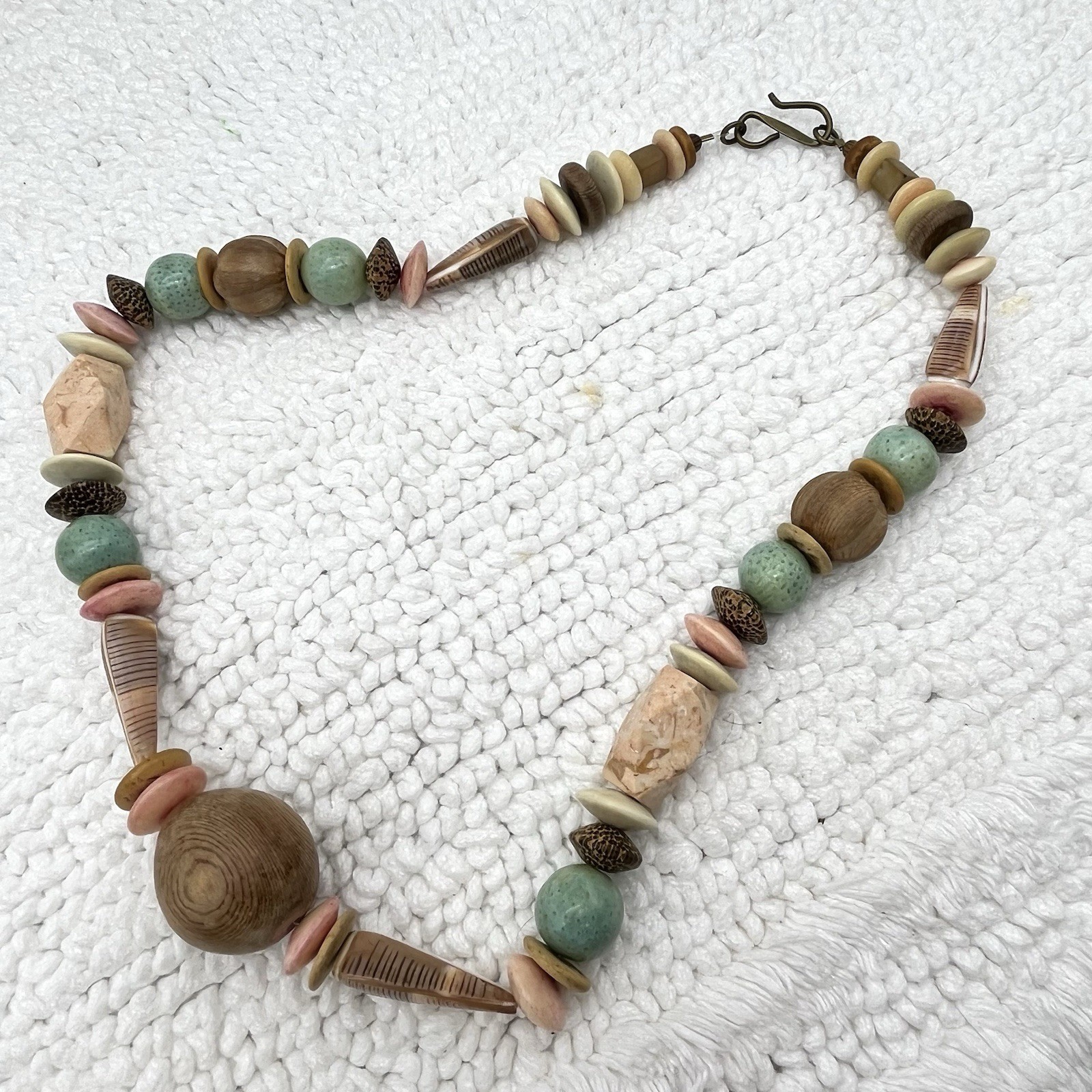 Chunky Mixed Bead Necklace Wood Tagua Ceramic Shell Pastel Earth Tone Boho 22″