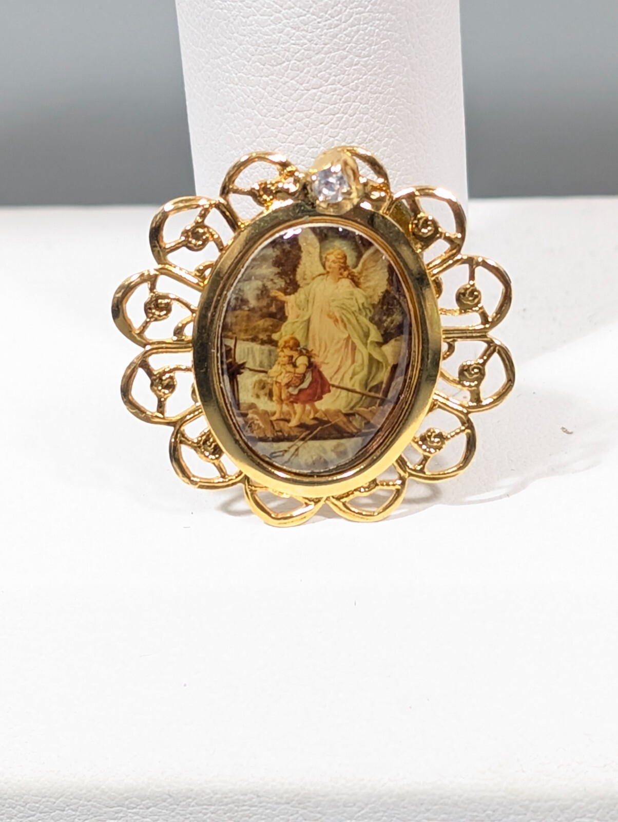 Vintage Guardian Angel Watching Children on Bridge Rhinestone Brooch Pin