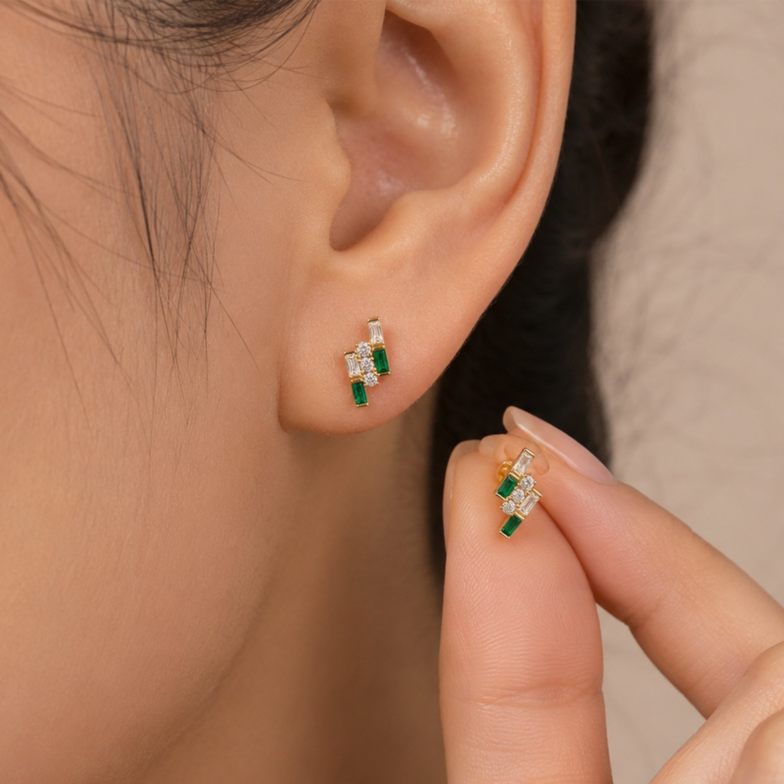 Baguette Emerald &Diamond Half Bezel Stud Earrings Solid 14K Yellow Gold Jewelry