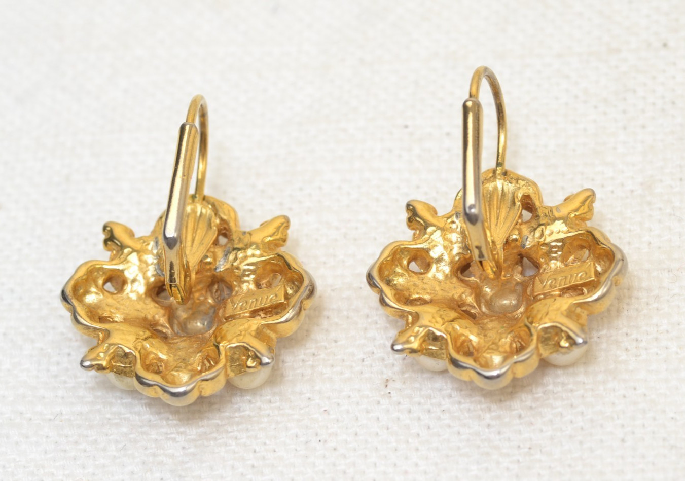 Byzantine Revival Gold Tone Earrings Faux Amethyst/Pearl Maltese Cross VENUE VTG