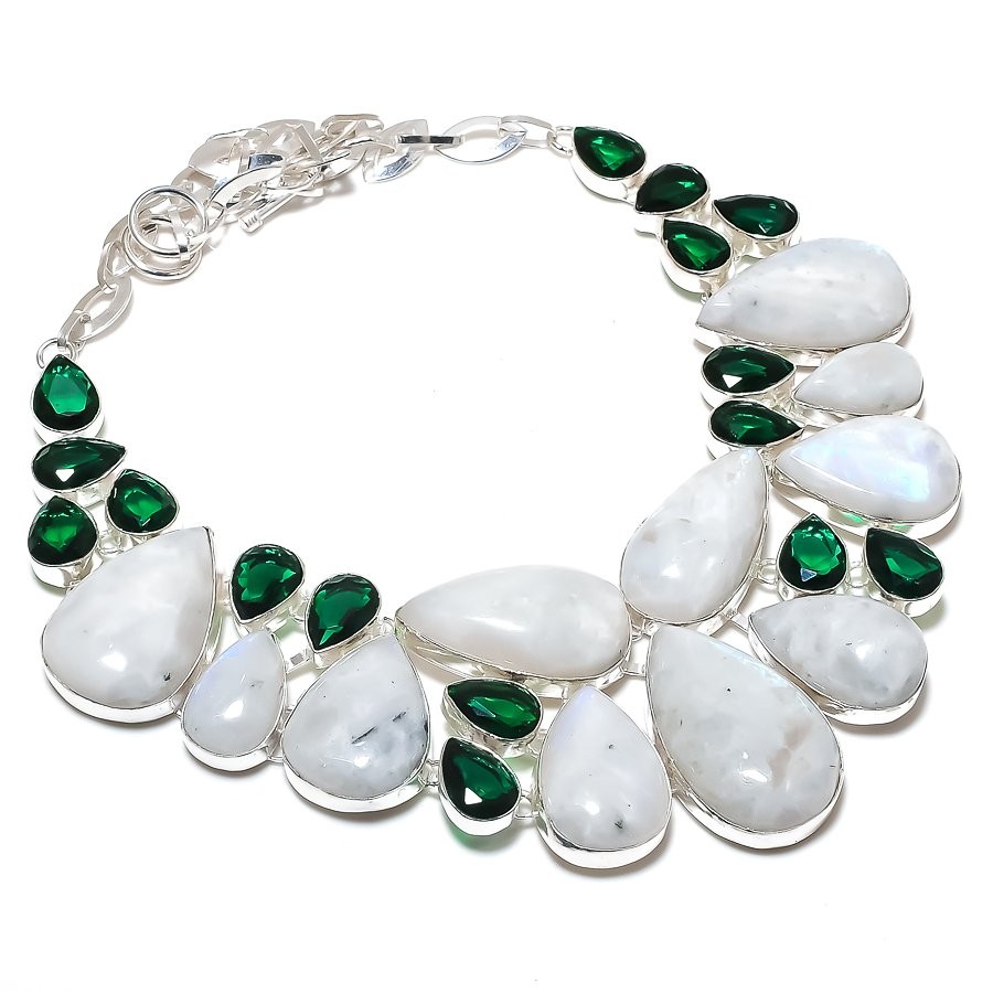 Rainbow Moonstone Chrome Diopside Gemstone Necklace Handmade Jewelry 18″ BN 6612