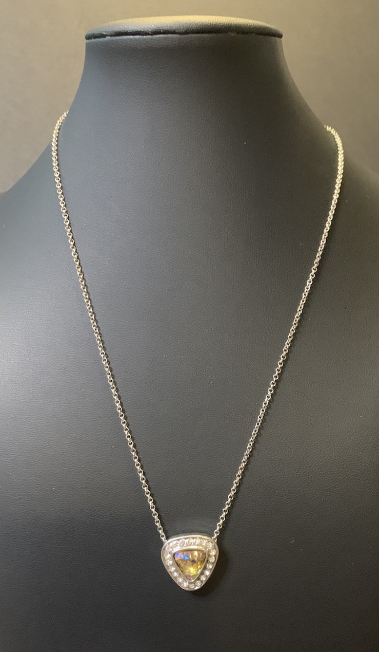 Yellow AB Crystal Triangle Rhinestone Framed Silver Necklace Paparazzi