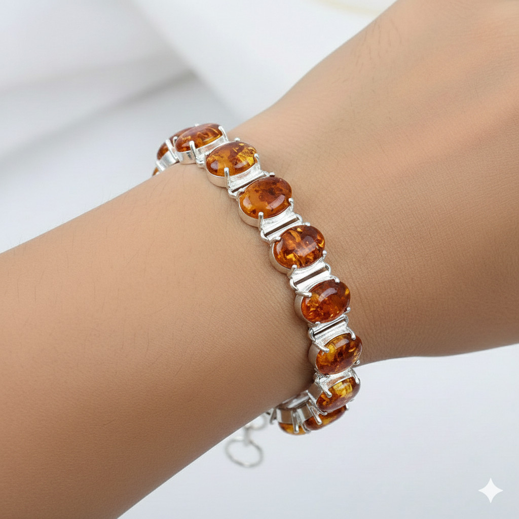 Baltic Amber Gemstone Handmade 925 Sterling Silver Jewelry Chain Bracelet ADJ