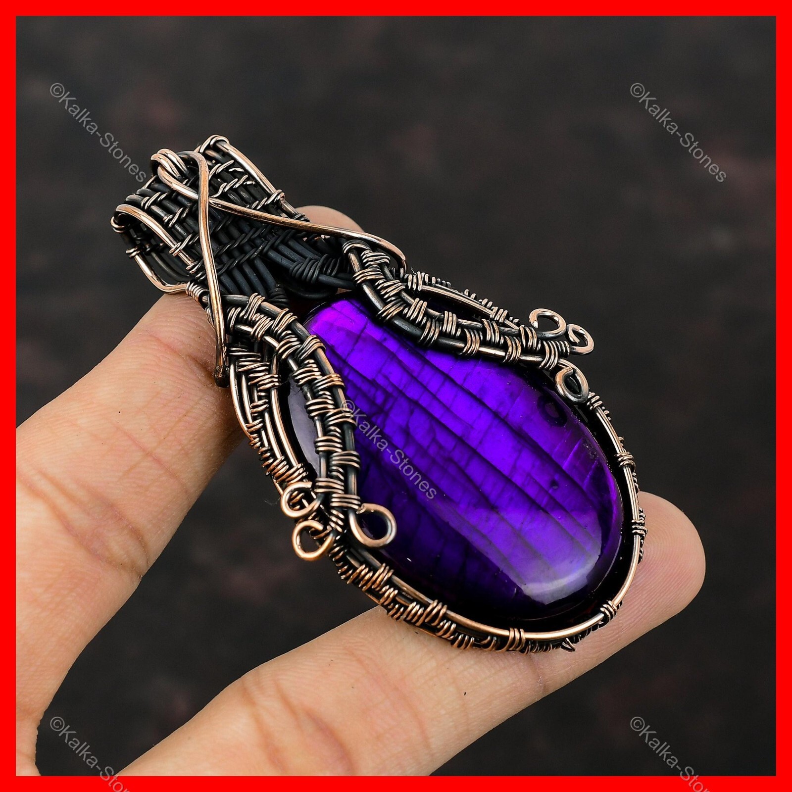 Oval Natural Purple Fire Labradorite Wedding Wire Wrapped Pendant Jewelry Copper