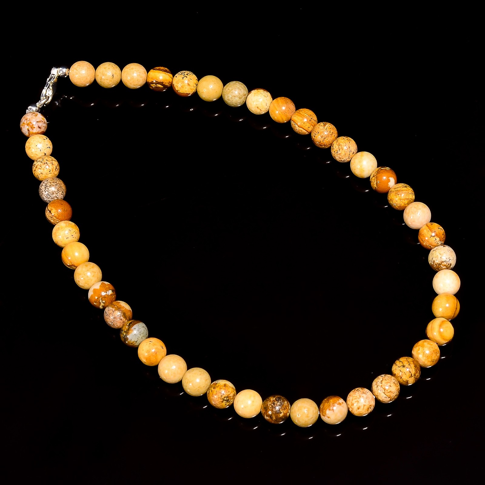 Picture Jasper Gemstone Round 8 mm Smooth Beads 15.5″ Stretchable Necklace