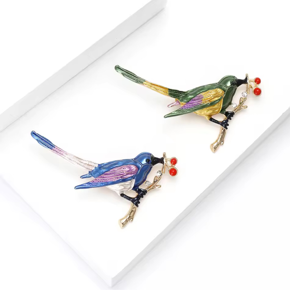 Blue Enamel Bird Brooch Branch Pin Gold Tone Rhinestone Nature Jewelry Gift