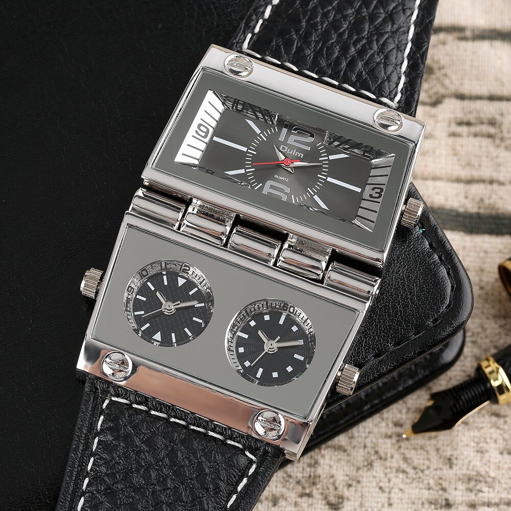 Oulm Men’s Steampunk Quartz Watch Muliti Time Zone Leather Strap Wristwatch Gift