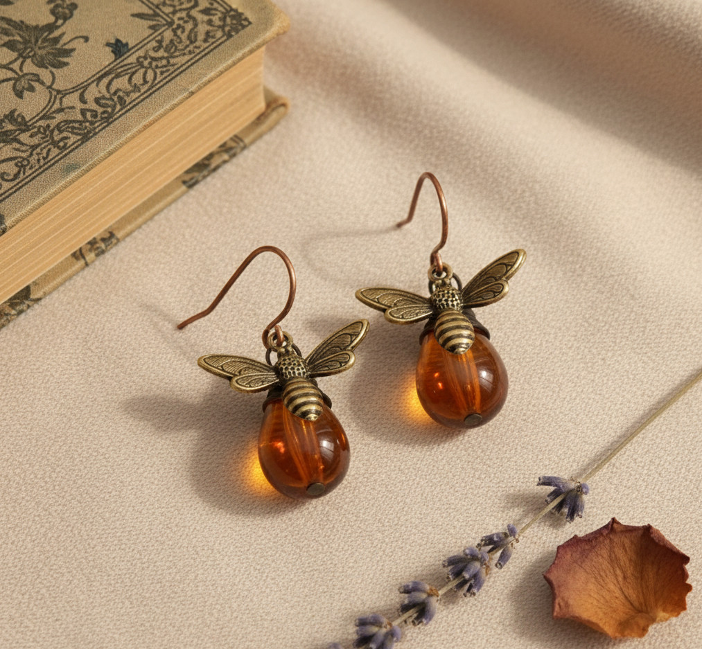 Vintage Bee Earrings Women Gold Amber Drop Dangle Boho Antique Style Gift