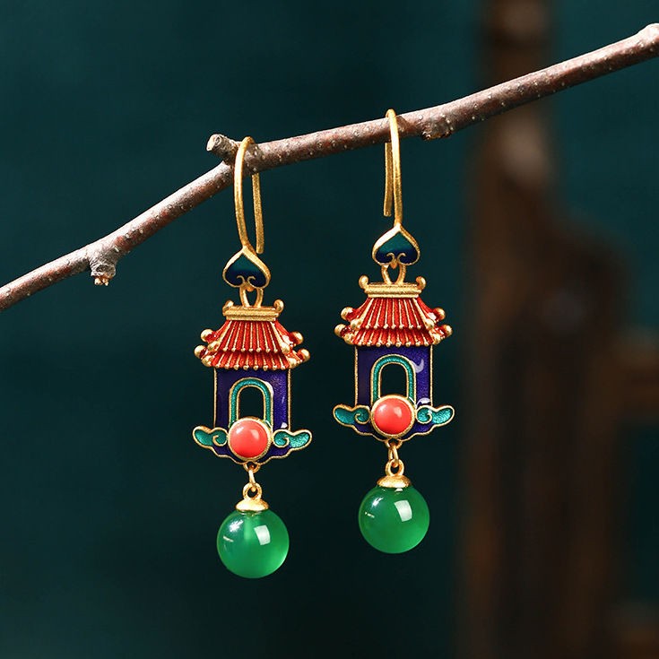Chinese Enamel Gold Plated Earrings Palace Style Green Chalcedony Dangle