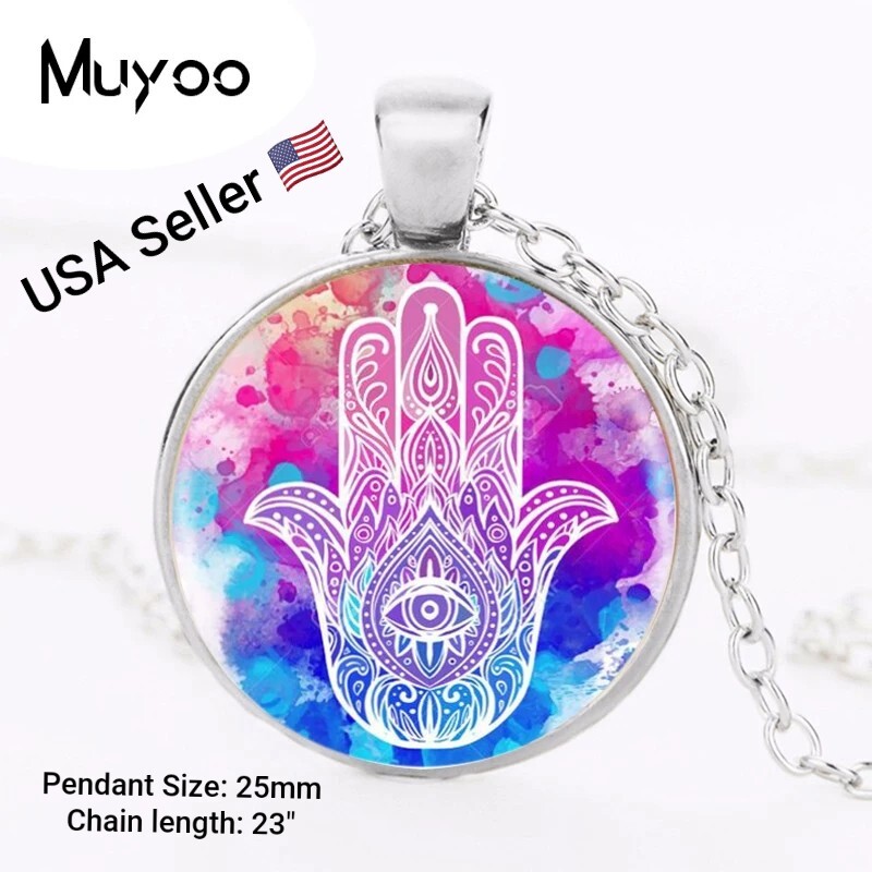 New Lucky Hamsa Round Pendant Necklace Long Chian Statement Handmade Necklace