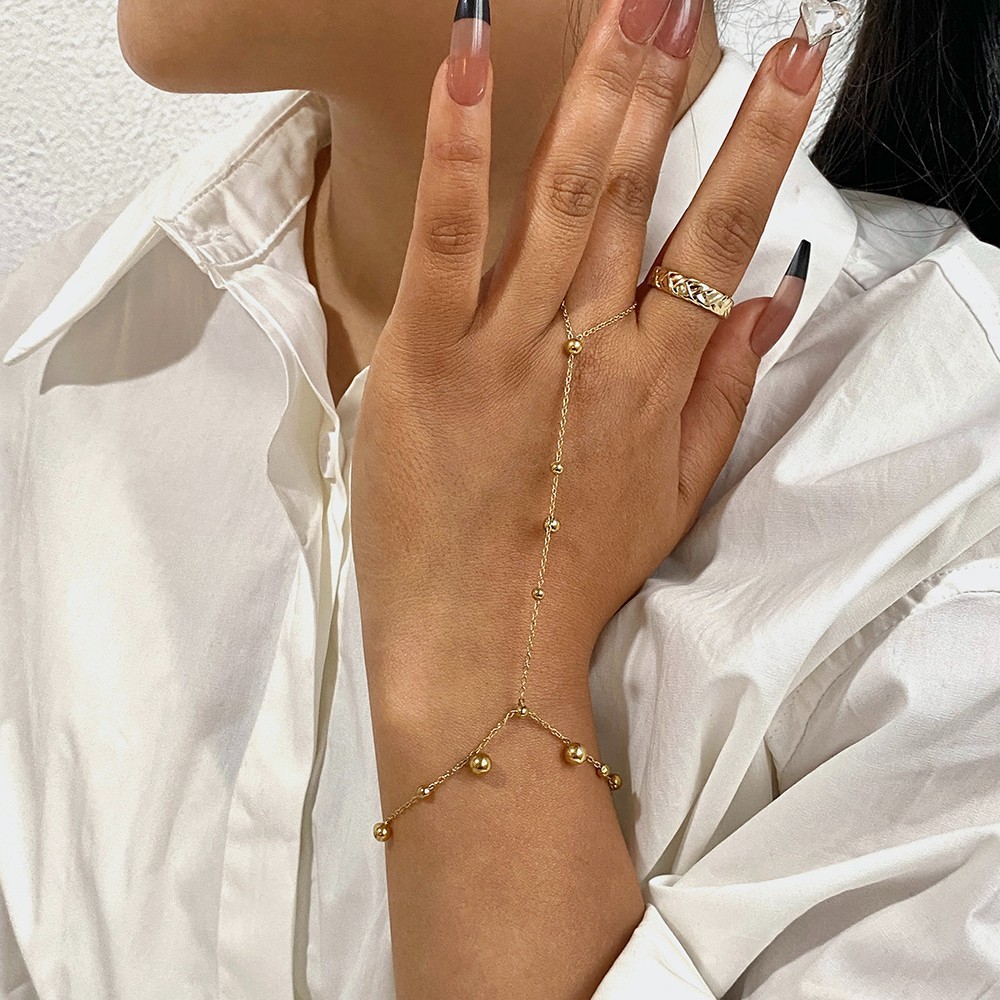 Women’s Stainless Steel Hand Chain Bracelet Finger Ring Ball Bead Link Chain Jew