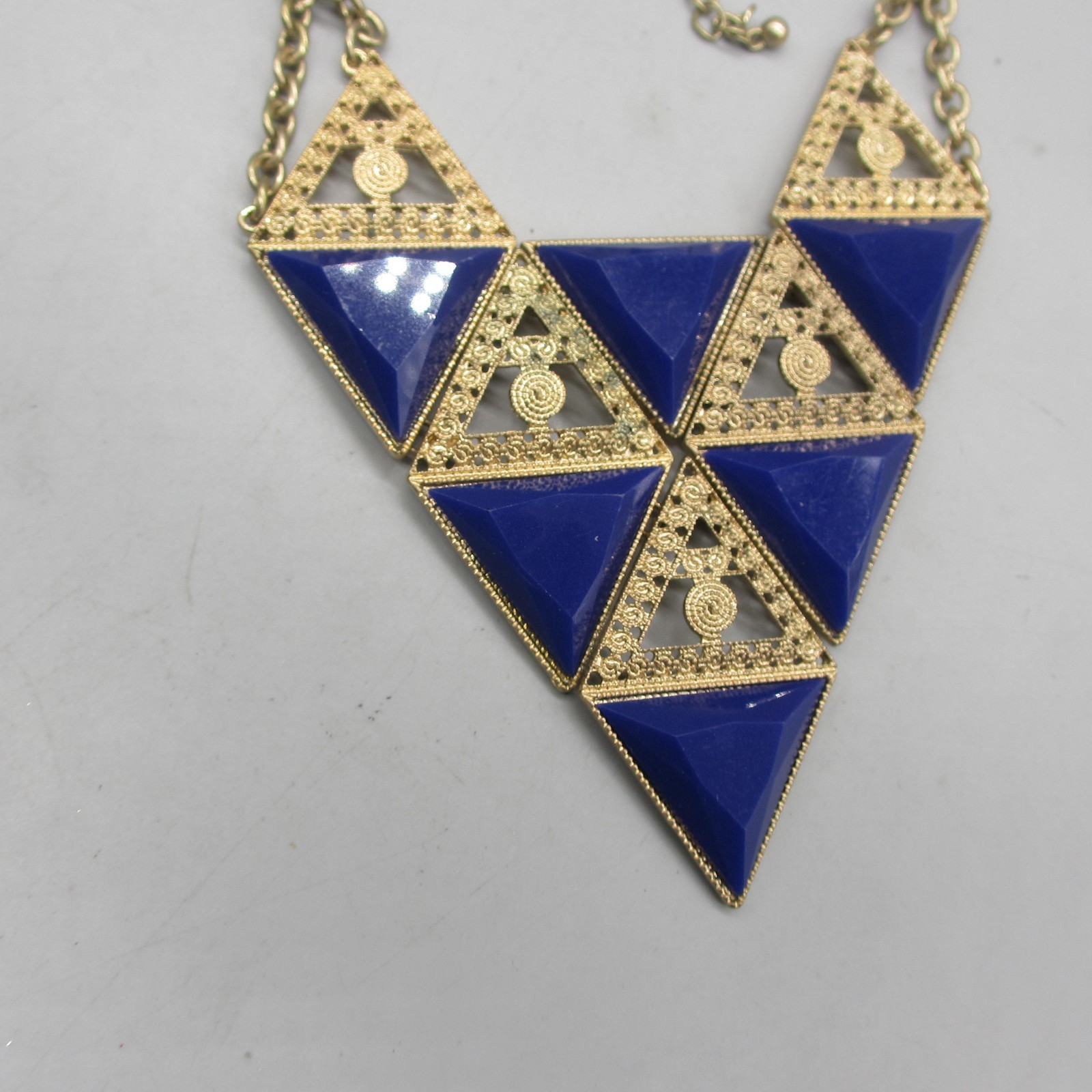 Statement Necklace Triangles Blue Gold Tone Filigree 22 Inch