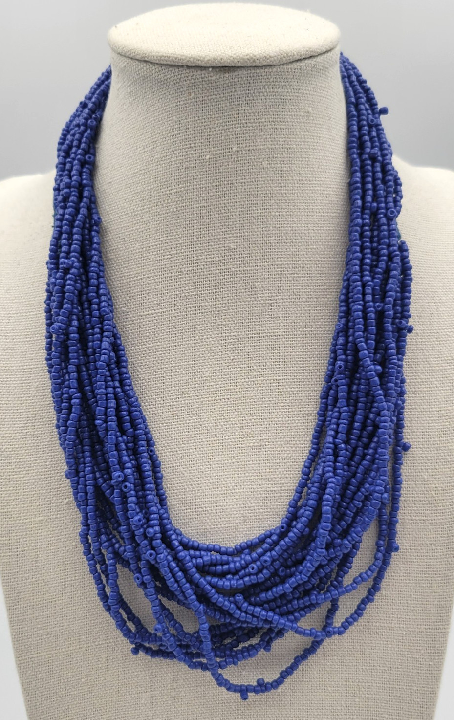 Vintage Blue Seed Bead 10 Strand Necklace 34″ Cobalt Overhead