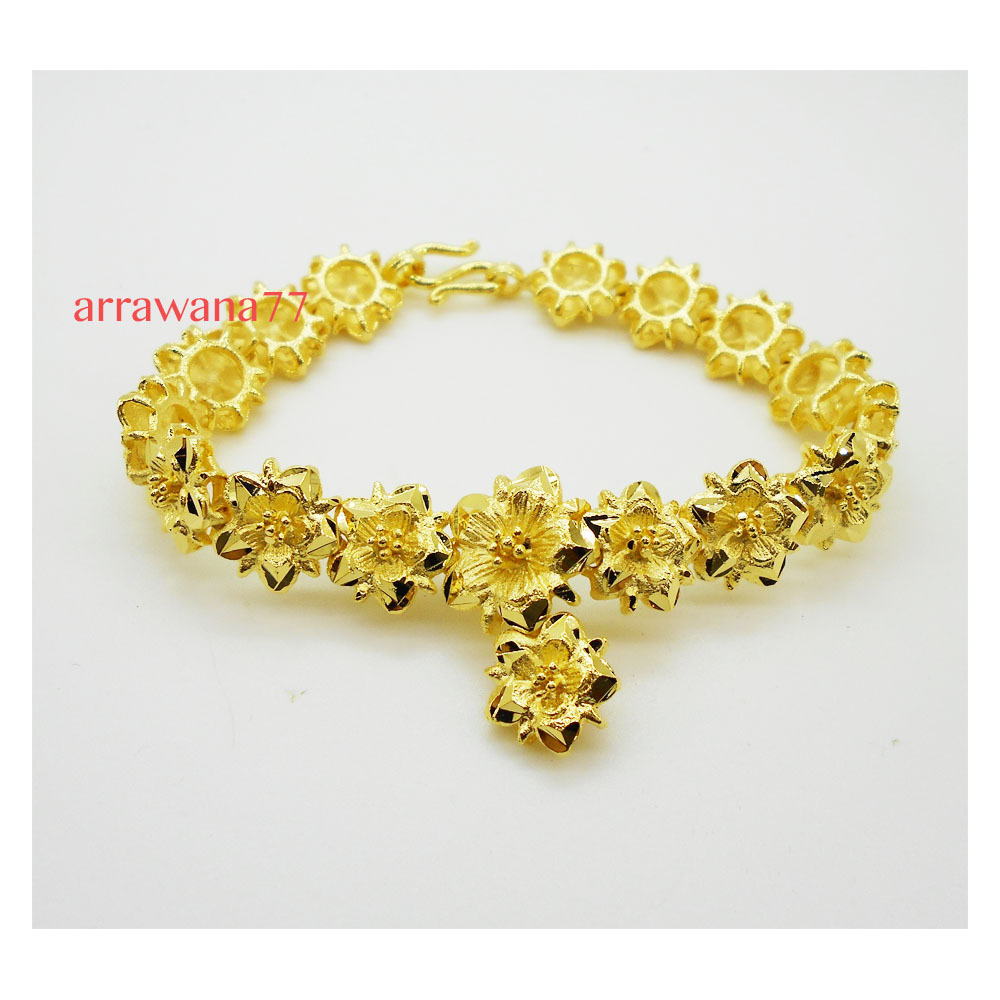 Flower 22K 23K 24K Thai Baht Yellow Gold GP Bracelet Bangle 6.5 inch 21 Grams