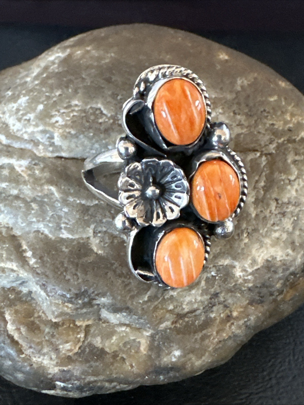 Orange Spiny Oyster Cluster Navajo Sterling Silver Ring Size 6.5 19185