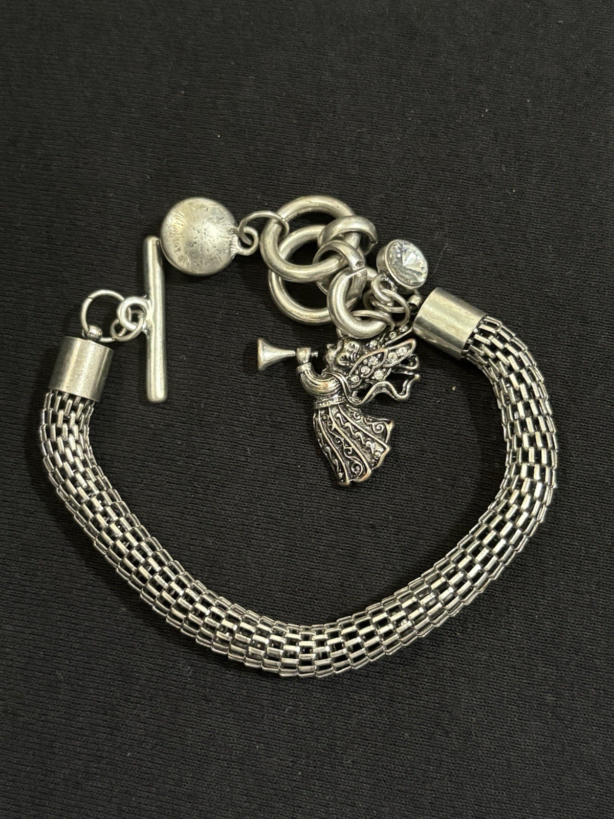 Vintage Silver Tone Fairy Charm Mesh Bracelet Crystal Dangle Toggle Statement 8”