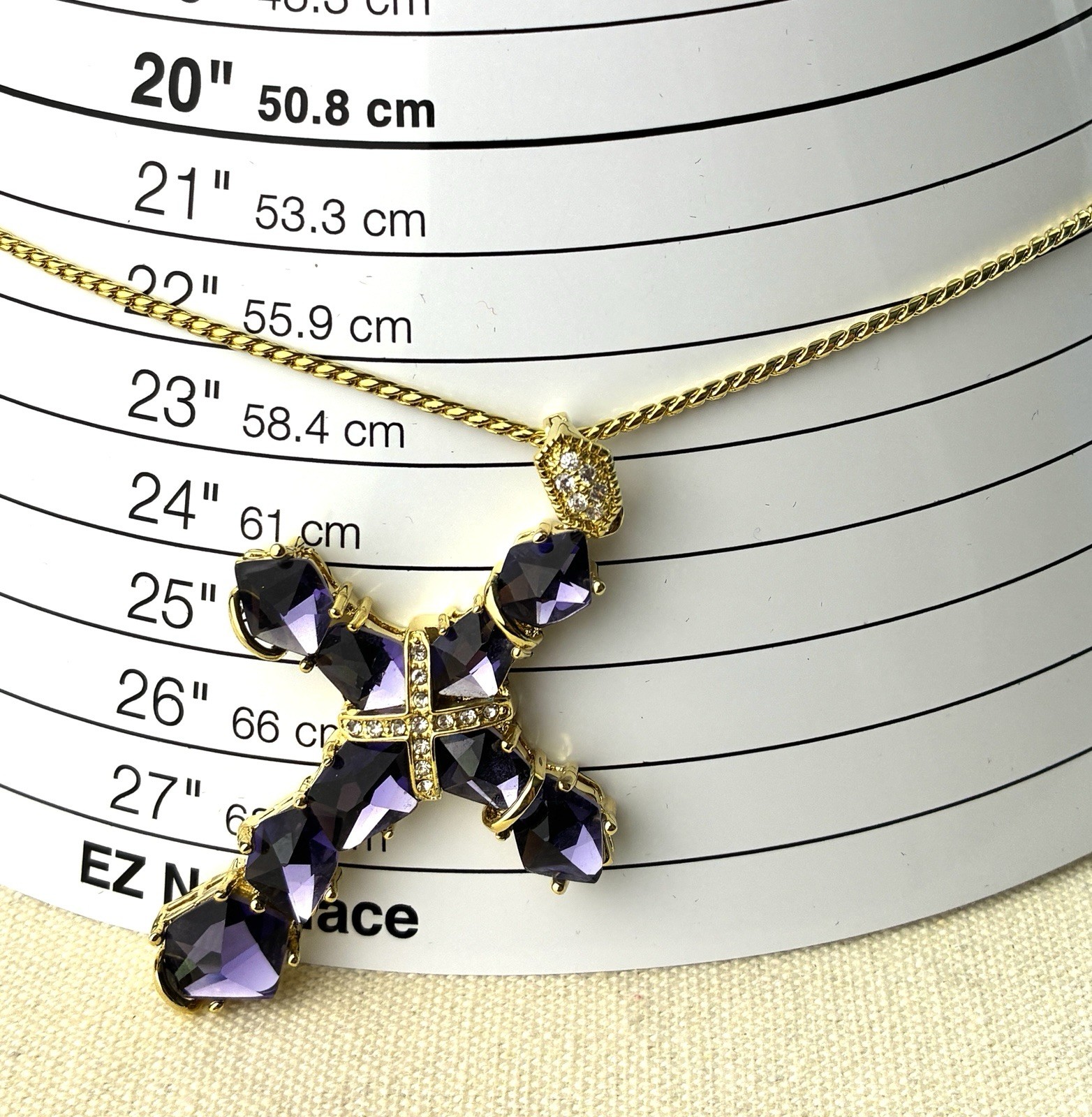 Real Collectibles Adrienne Amethyst Crystal Cross Necklace Gold HSN Box & Card