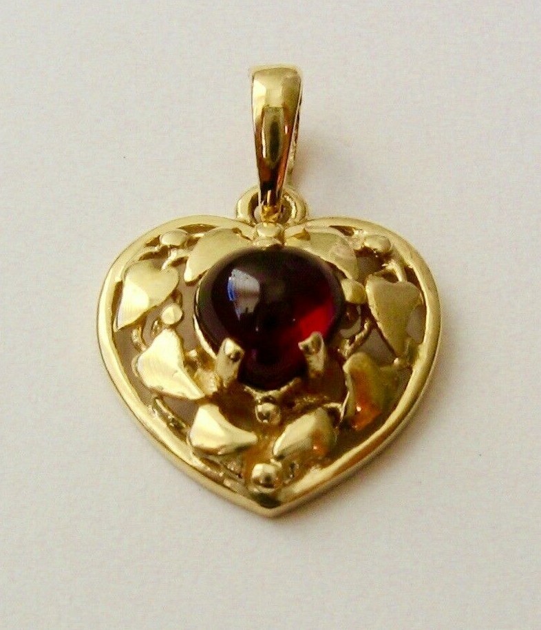 GENUINE SOLID 9K 9ct YELLOW GOLD LOVE HEART CABOCHON GARNET PENDANT GIFT