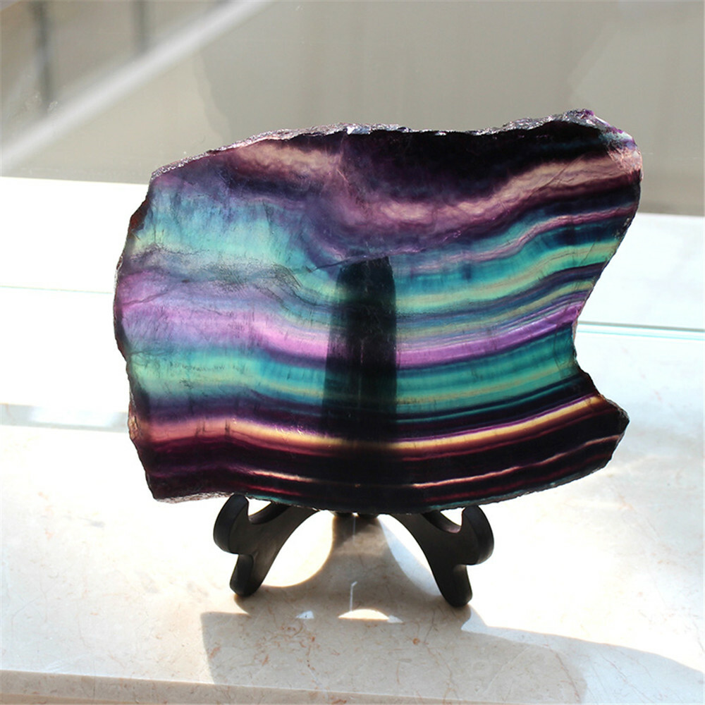 AAAA Natural Purple Fluorite Quartz Rainbow Crystal Slice Specimen Healing+Stand
