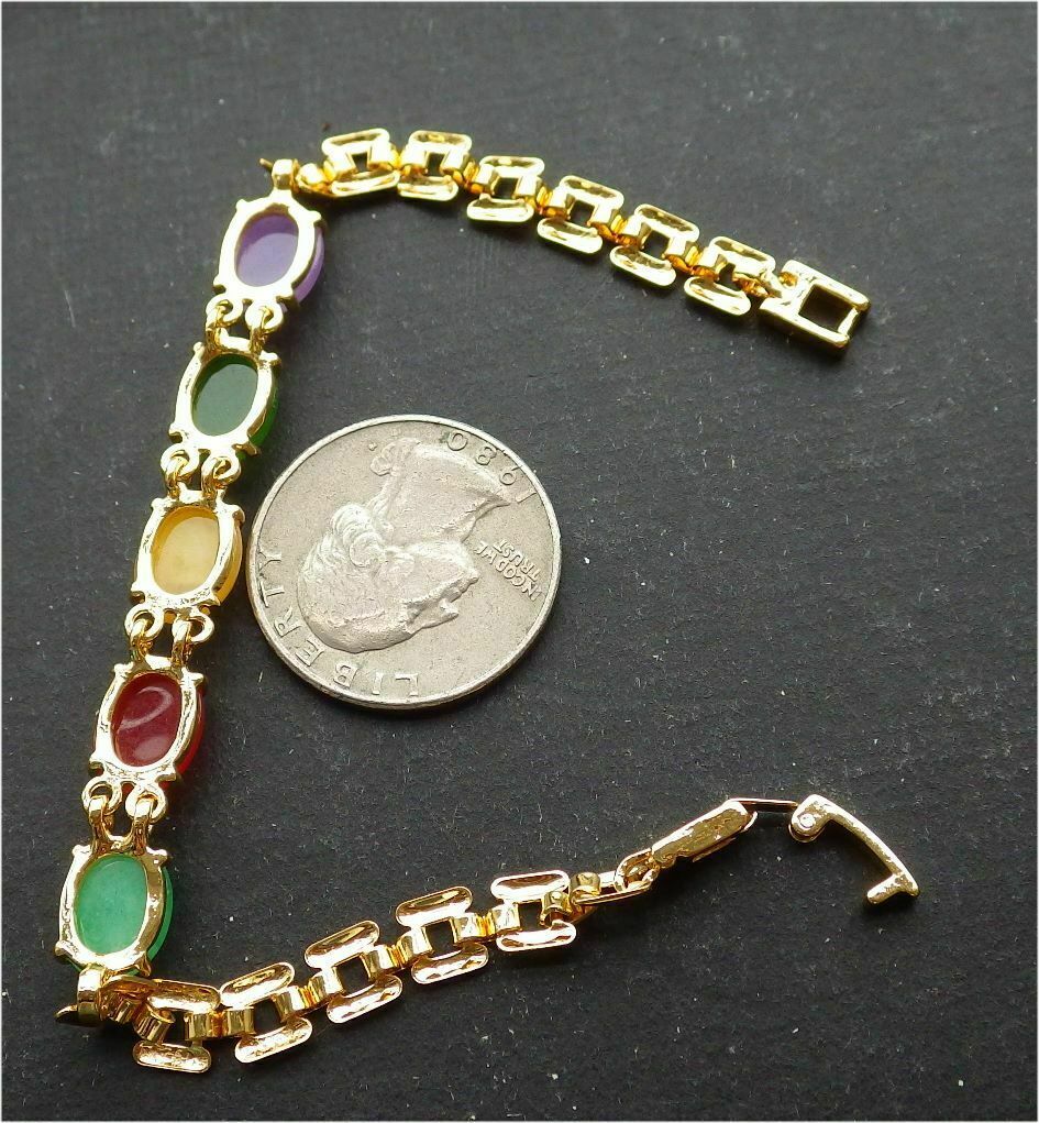 Gold Plate Lavender Red Green Yellow JADE Cabochon Beads Bangle Bracelet 101006