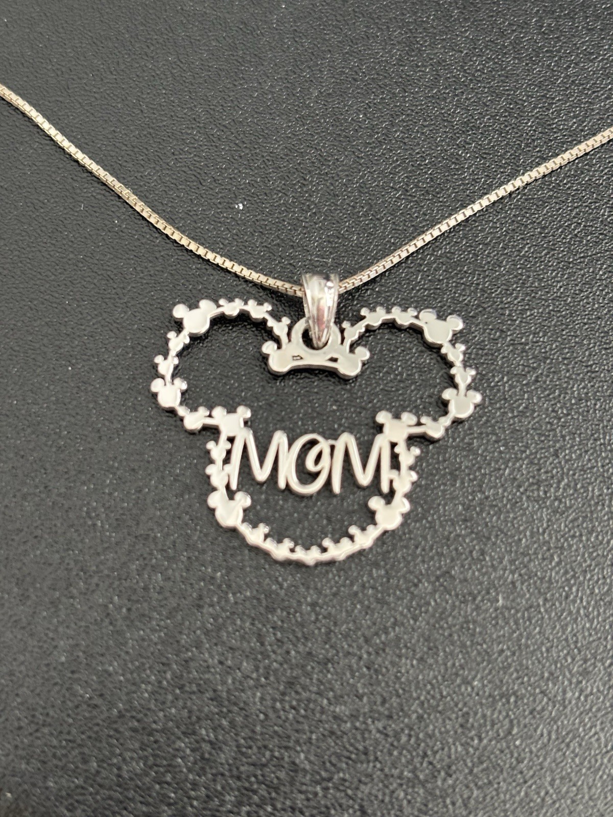 925 Sterling Silver Signed MOM Mickey Mouse Pendant Box Chain Necklace