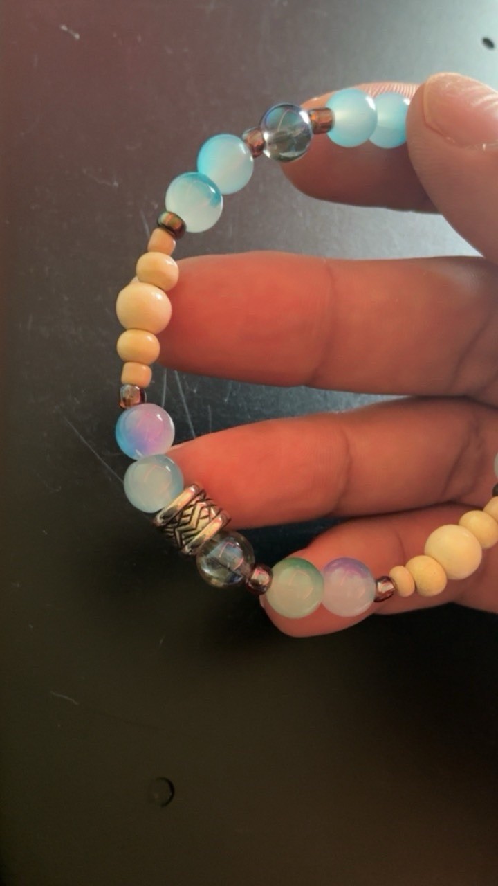 Handmade Blue/Tan Multicolor Stone/Wood/Metal Beaded Bracelet #111, Unisex