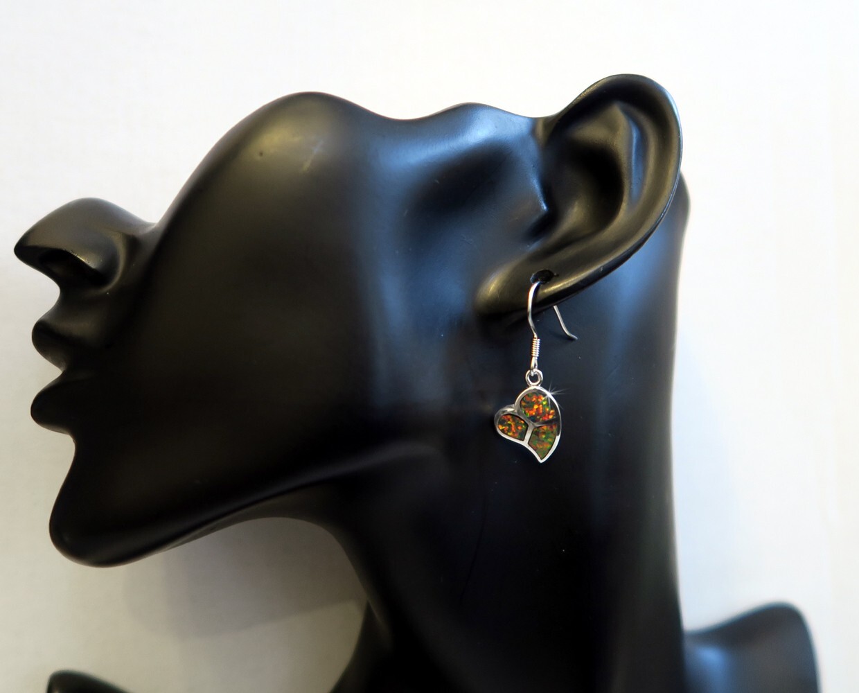 925 REAL SILVER RHODIUM PLATED *** Opal Red Brown Synth. Leaf Earrings 33mm