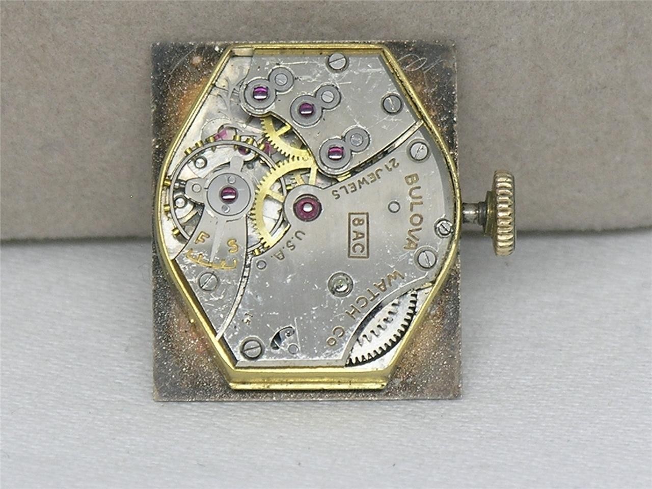 VINTAGE BULOVA 21 JEWEL 8AC WRIST WATCH MOVEMENT & DIAL & CROWN PARTS, TICKS