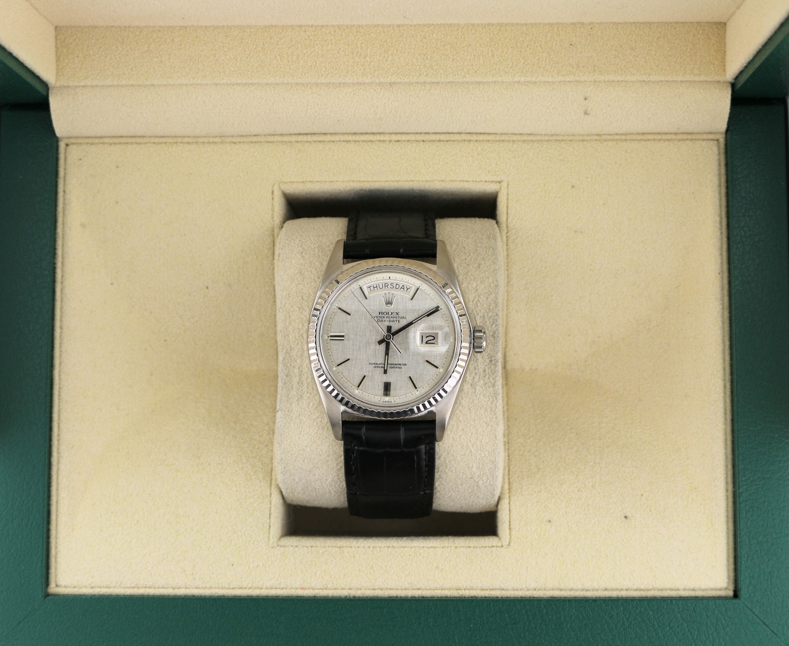 1974 Rolex Day-Date 1803 Linen Dial 18kt White Gold Leather strap No Papers 36mm