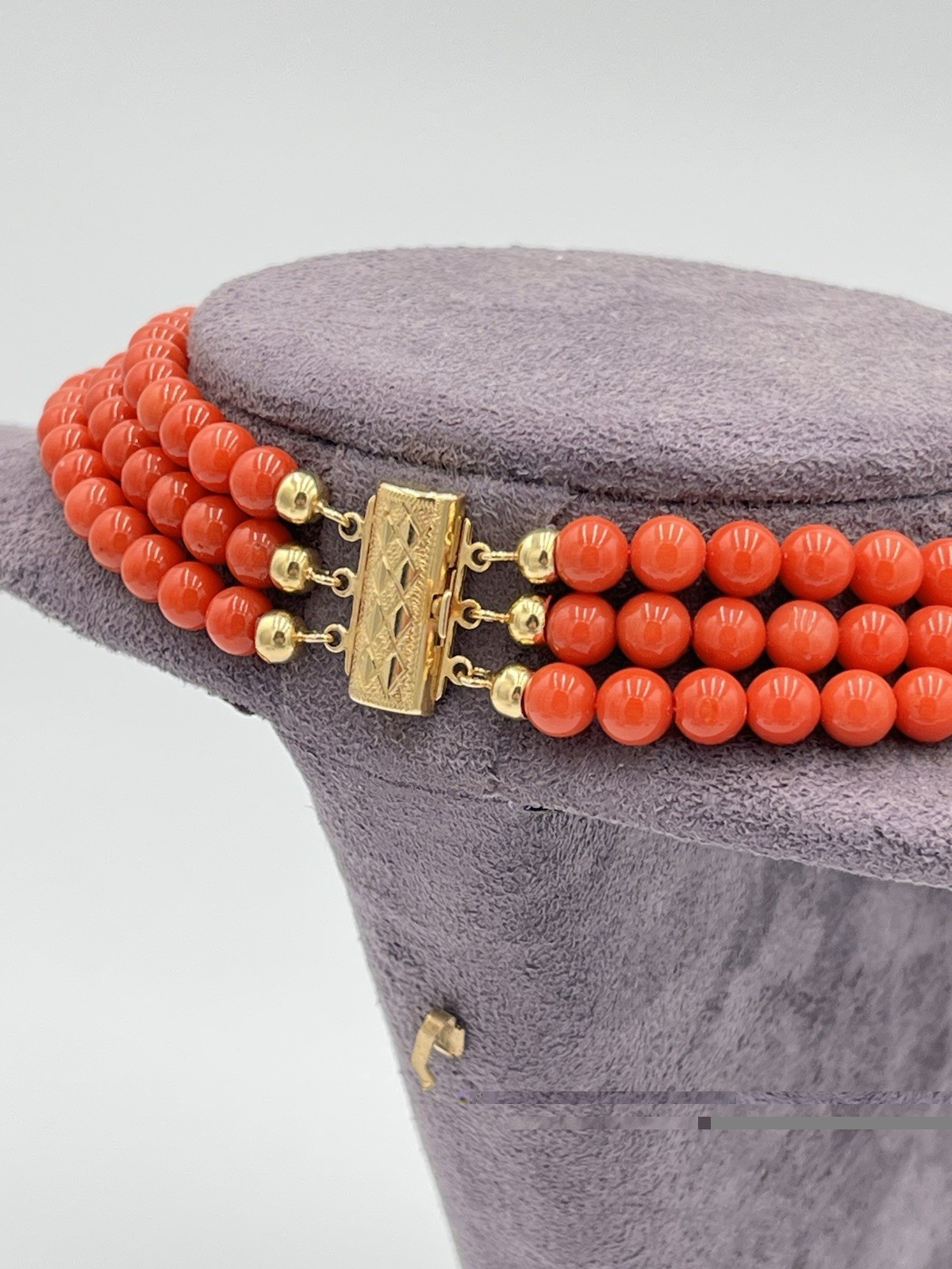 Natural Mediterranean Red Coral 3 Strand Necklace 7mm 18Kt Gold Made in Italy