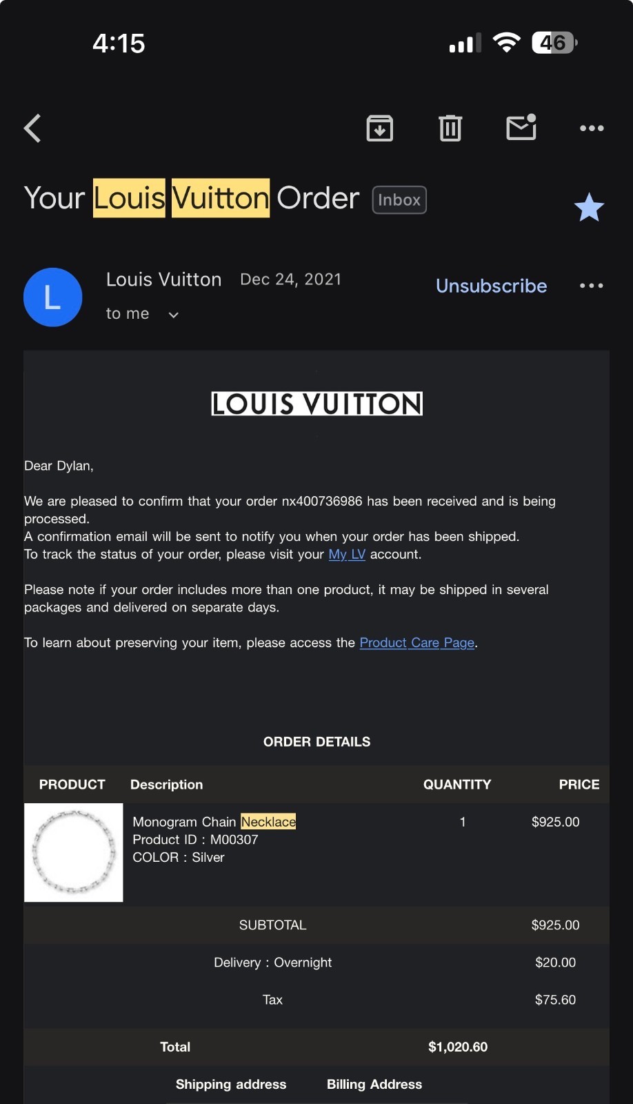 Louis Vuitton Monogram Chain Necklace