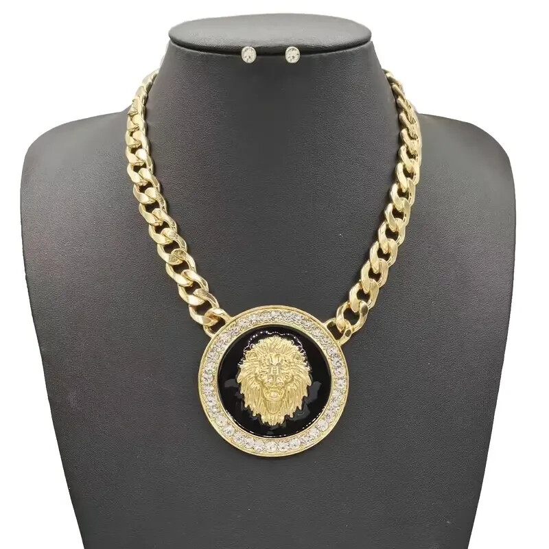 HIP HOP GOLD PLATED LION HEAD PENDANT 13mm 20″ CUBAN CHAIN NECKLACE & EARRINGS