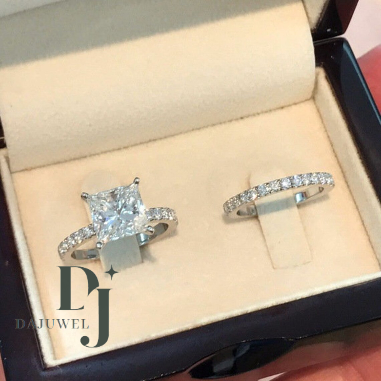 Moissanite Bridal Set Engagement Ring Princess Cut 3 Carat Solid 14K White Gold