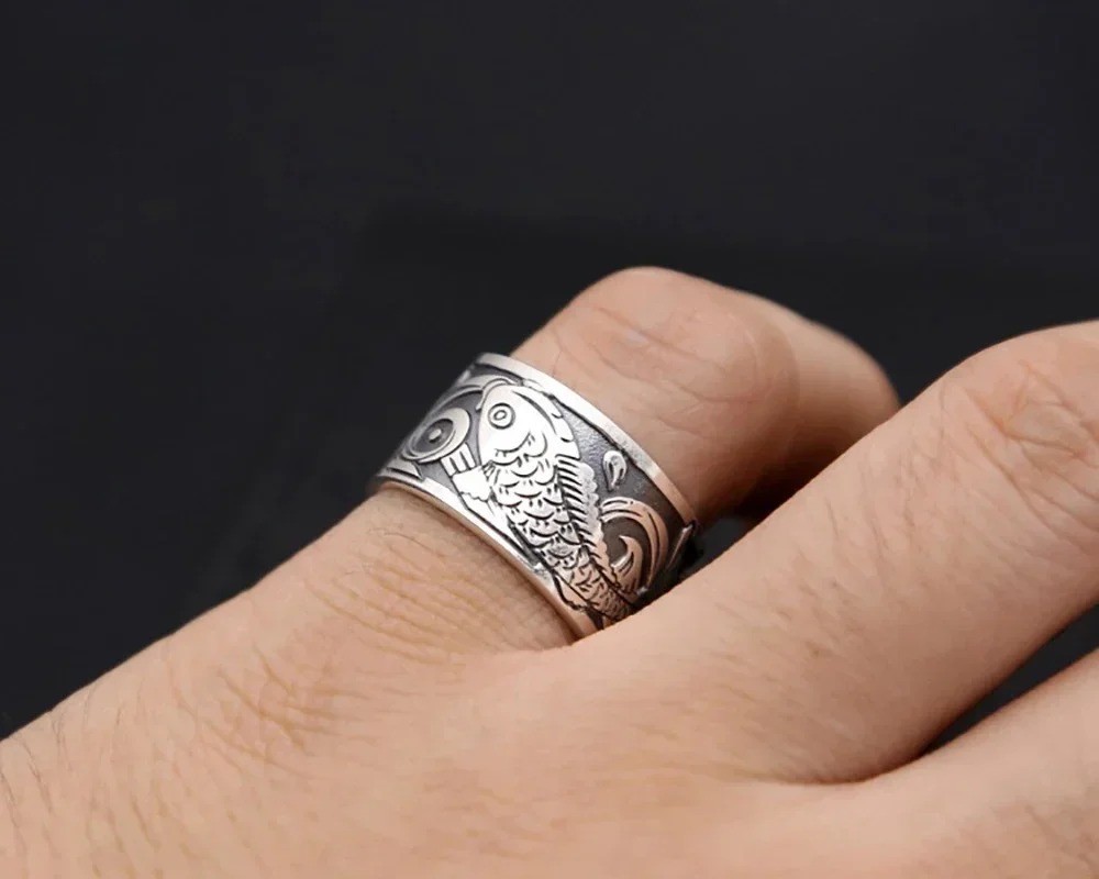 925 Silver Koi Fish Opening Ring Retro Lucky Carp Band Men Women Jewelry Gift