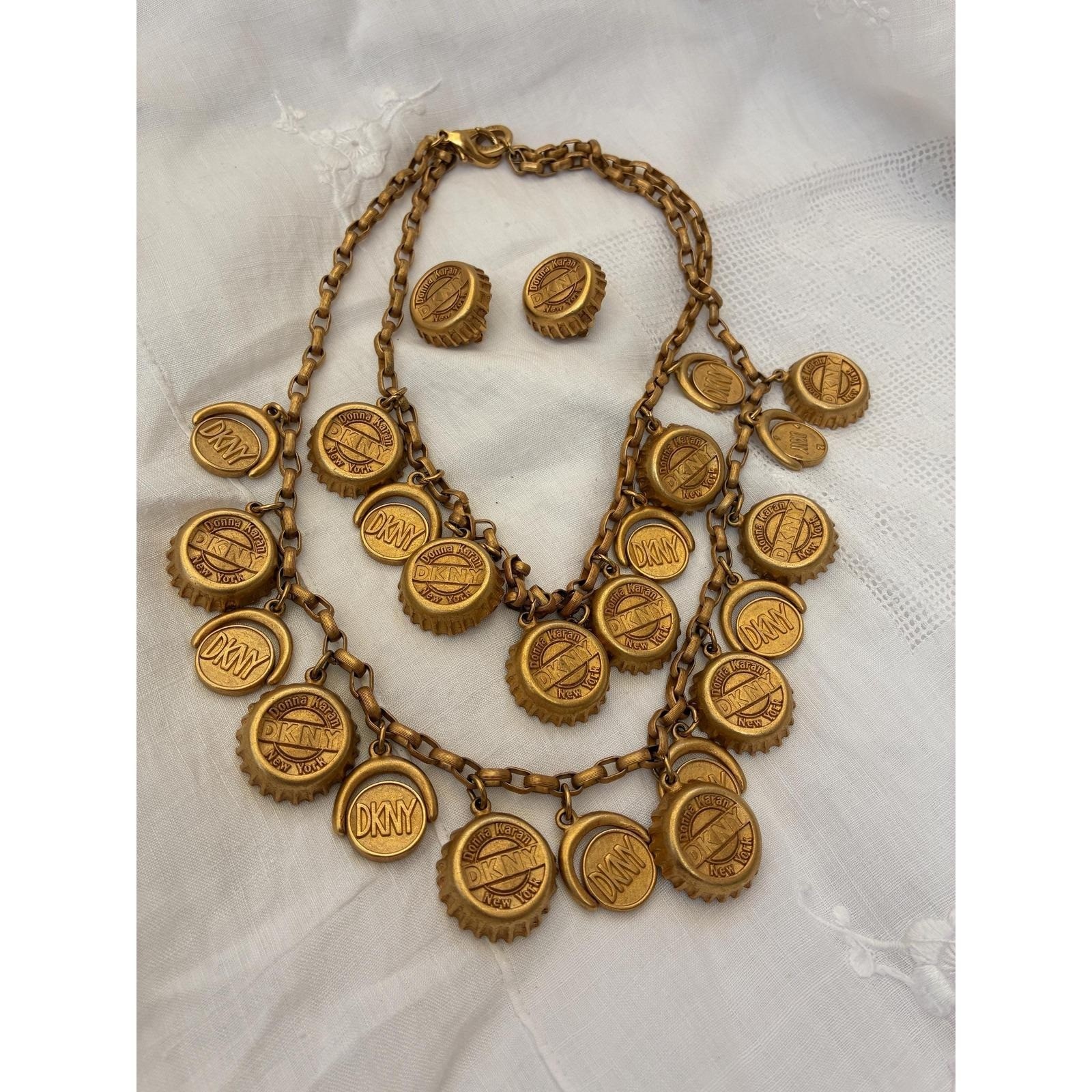 Vintage DKNY Donna Karan Bottle Cap Double Strand Necklace & Clip-On Earrings