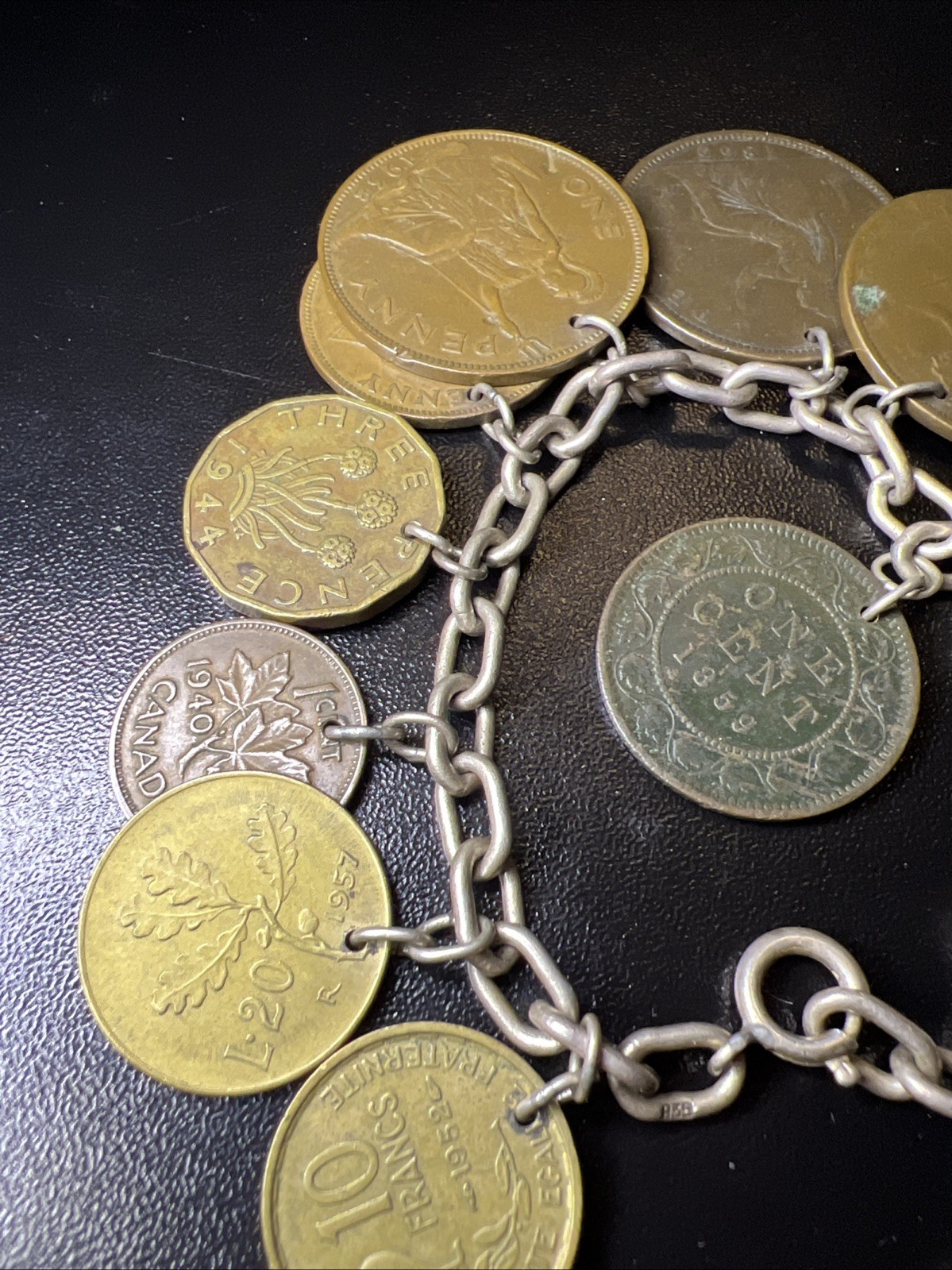Vintage 835 Continental Silver Coin Charm Bracelet Travel World Coins European
