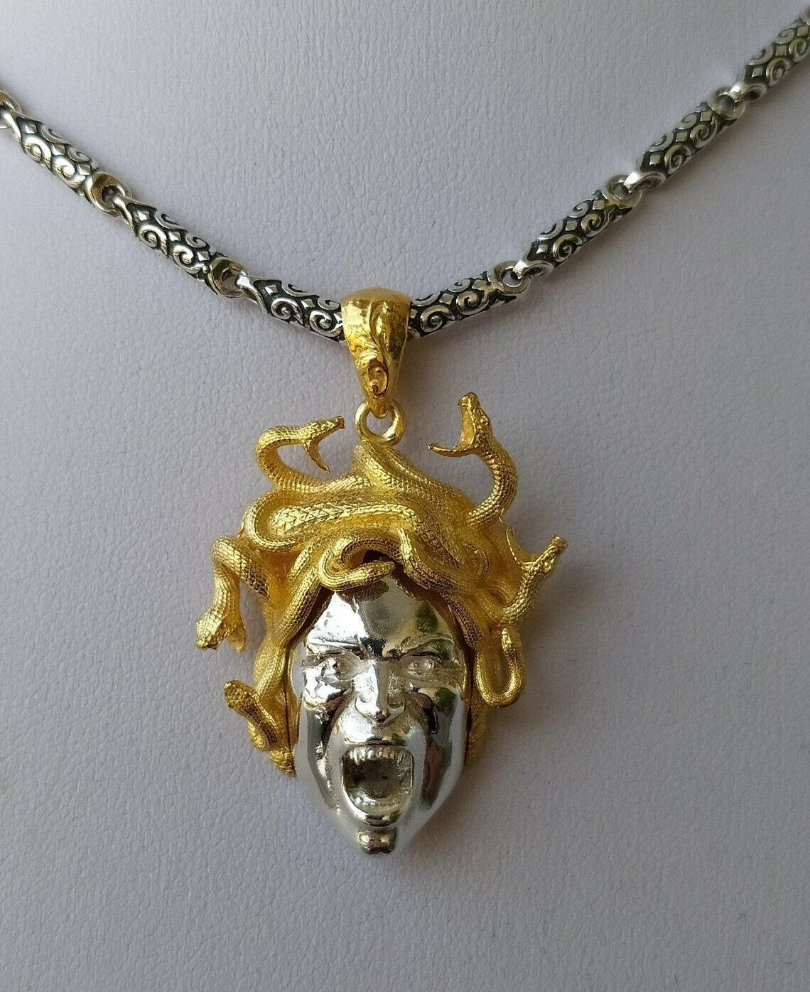 Angry Medusa Gorgon two tone Snakes Greek Mythology Pendant 925 Silver Gift