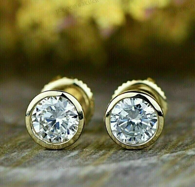 2Ct Round Lab Created Diamond Bezel Set Solitaire Stud Earrings 14K Gold Plated