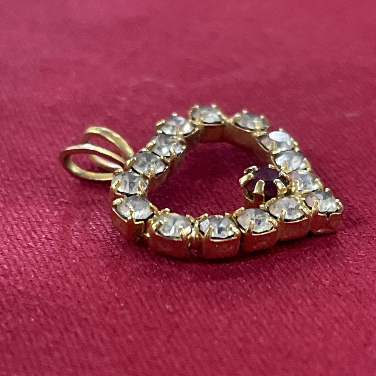 Vintage Gold Toned Red & White/Clear Rhinestone Open Heart Charm Pendant