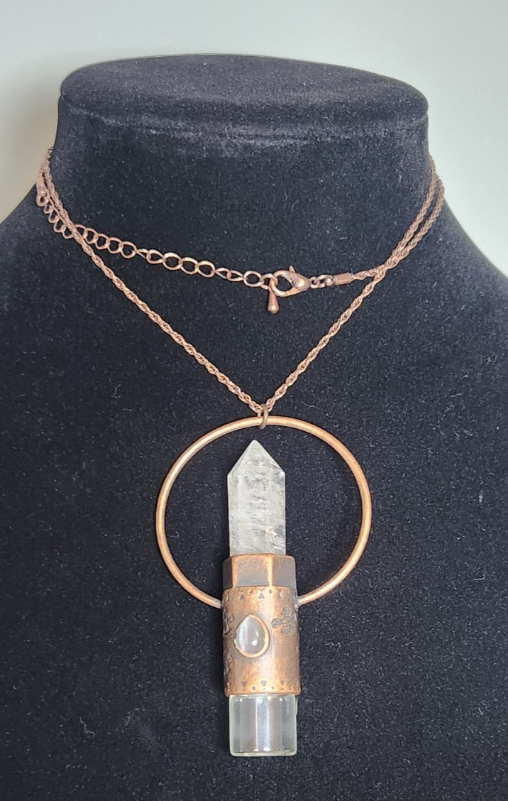 Essential Oil Rollerball Vial Quartz Crystal Copper Aztec Eagle Necklace