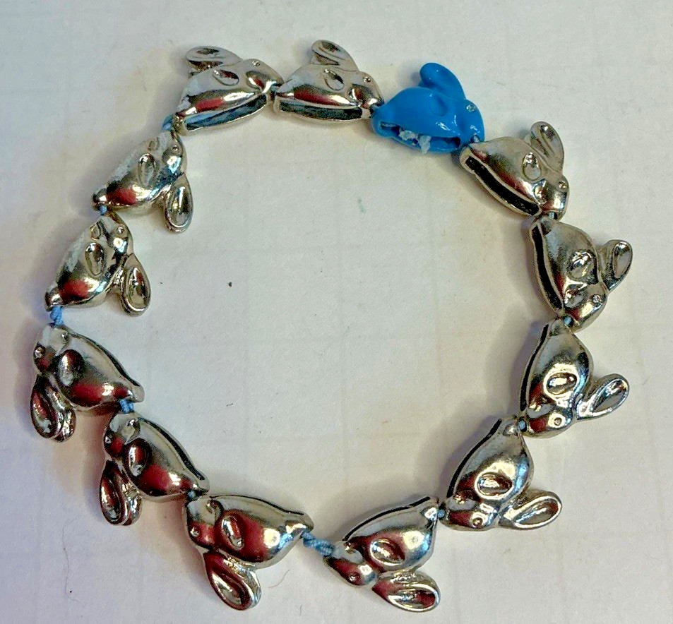 Silver & Blue Bunny Bracelet Stretch Metal Beads